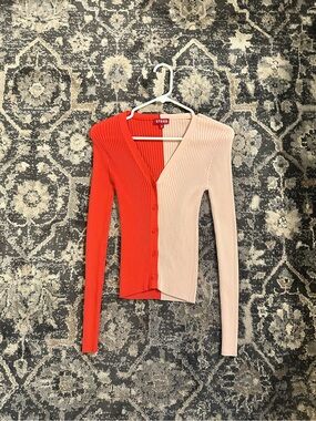 STAUD Two-Tone Ribbed V-Neck Cardigan - Red & Pink